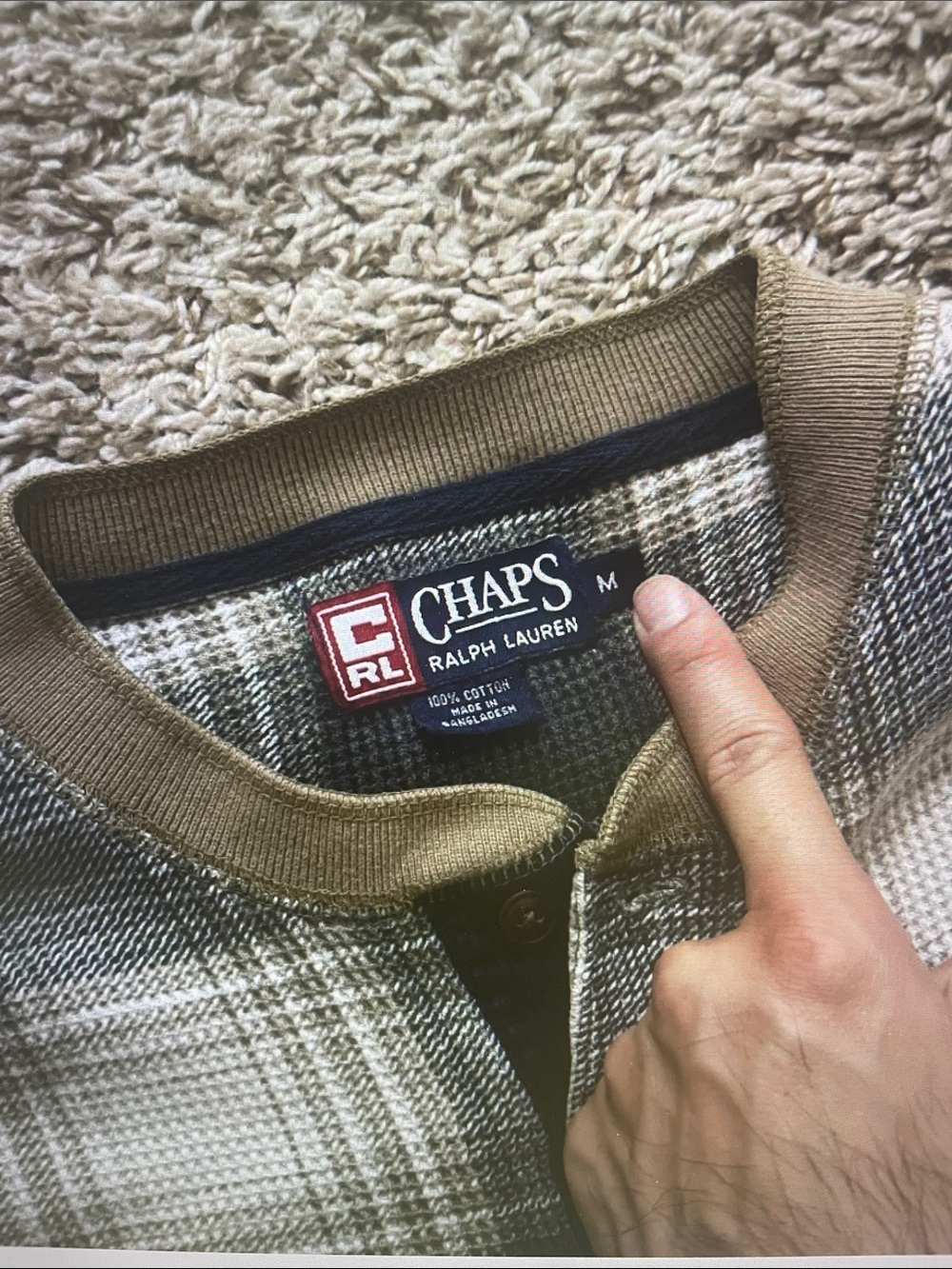 Chaps Black, White & Tan Plaid Henley Thermal Pullover - Picture 2 of 8